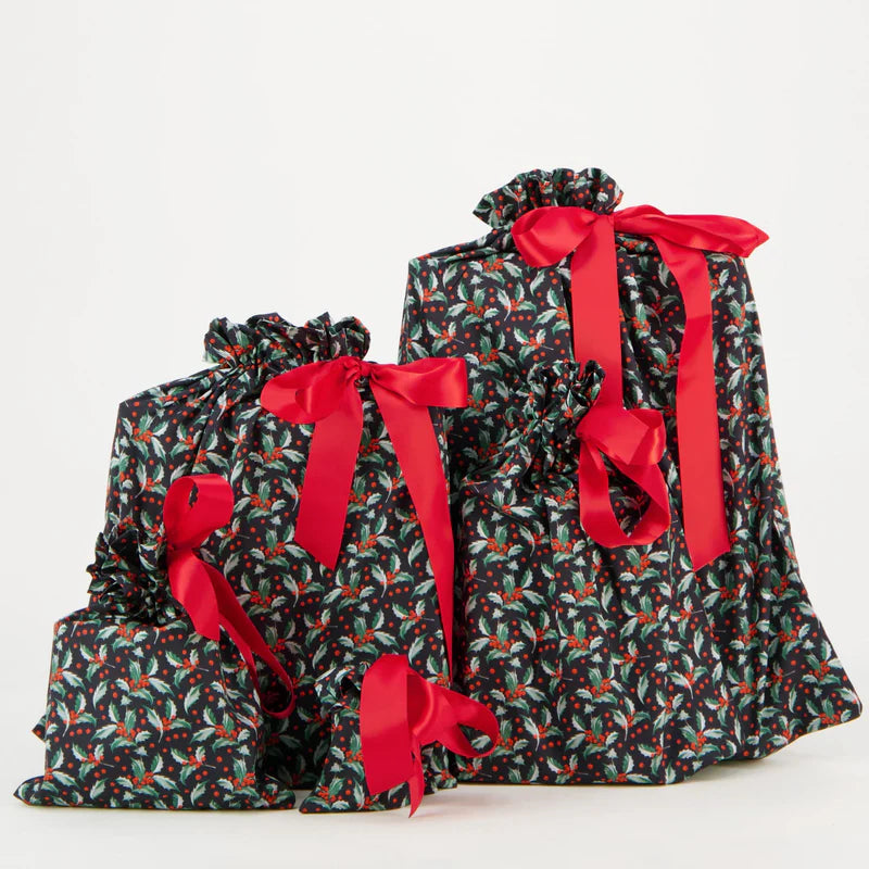 Reusable Gift Bag Set - Holly on Black