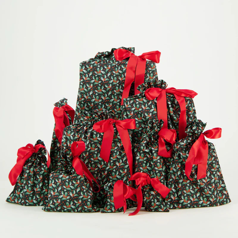 Reusable Gift Bag Set - Holly on Black